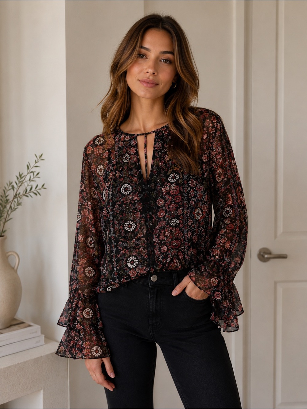 BCBGeneration Sheer Floral Ruffle Sleeve Blouse Size Small